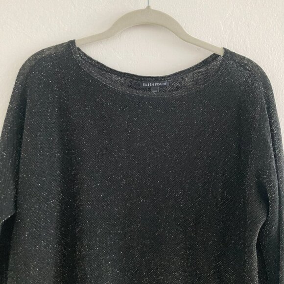 Eileen Fisher Linen Blend Crepe Sparkle Black Shirt Long Sleeve Boat Neck Party - Picture 11 of 11